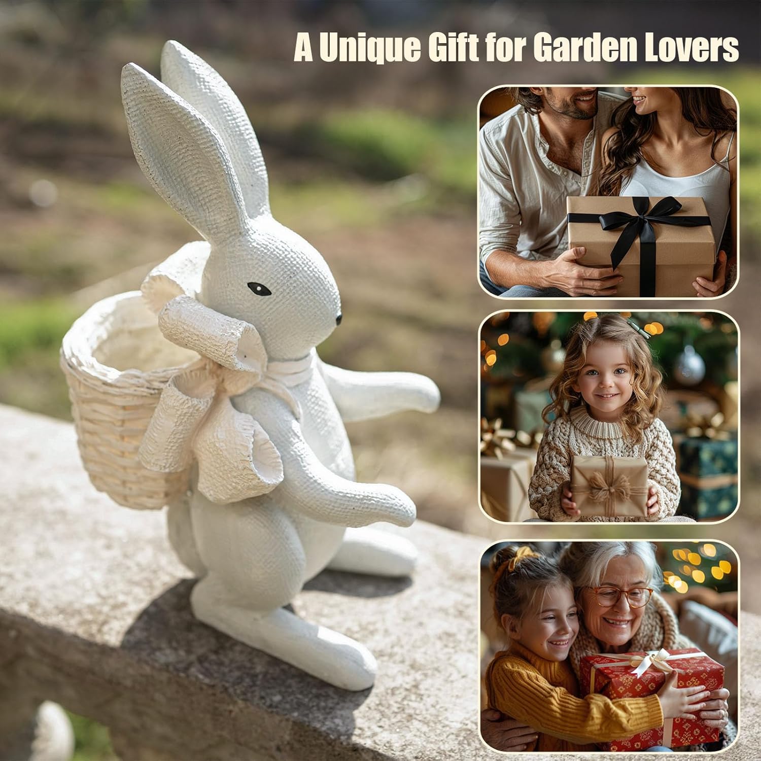 Rabbit Planter for Succulents – Indoor Outdoor Resin Bunny Flower Pot with Hollow Basket, Cute Garden Decoration for Real or Artificial Plants