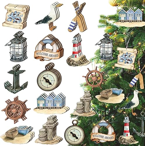 36 adornos de madera de verano para decoración de árbol de verano, decoración temática de navegación náutica, adorno de acuarela, ancla de faro,