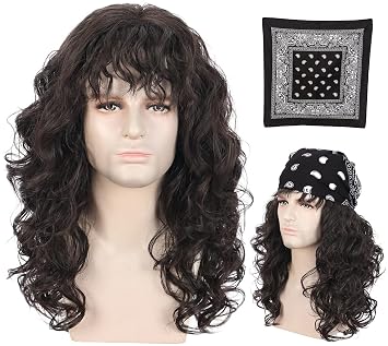 Karlery Men Long Dark Brown Wavy Wig with Bandana 80s Heavy Metal Punk Rocker Cosplay Party Wig