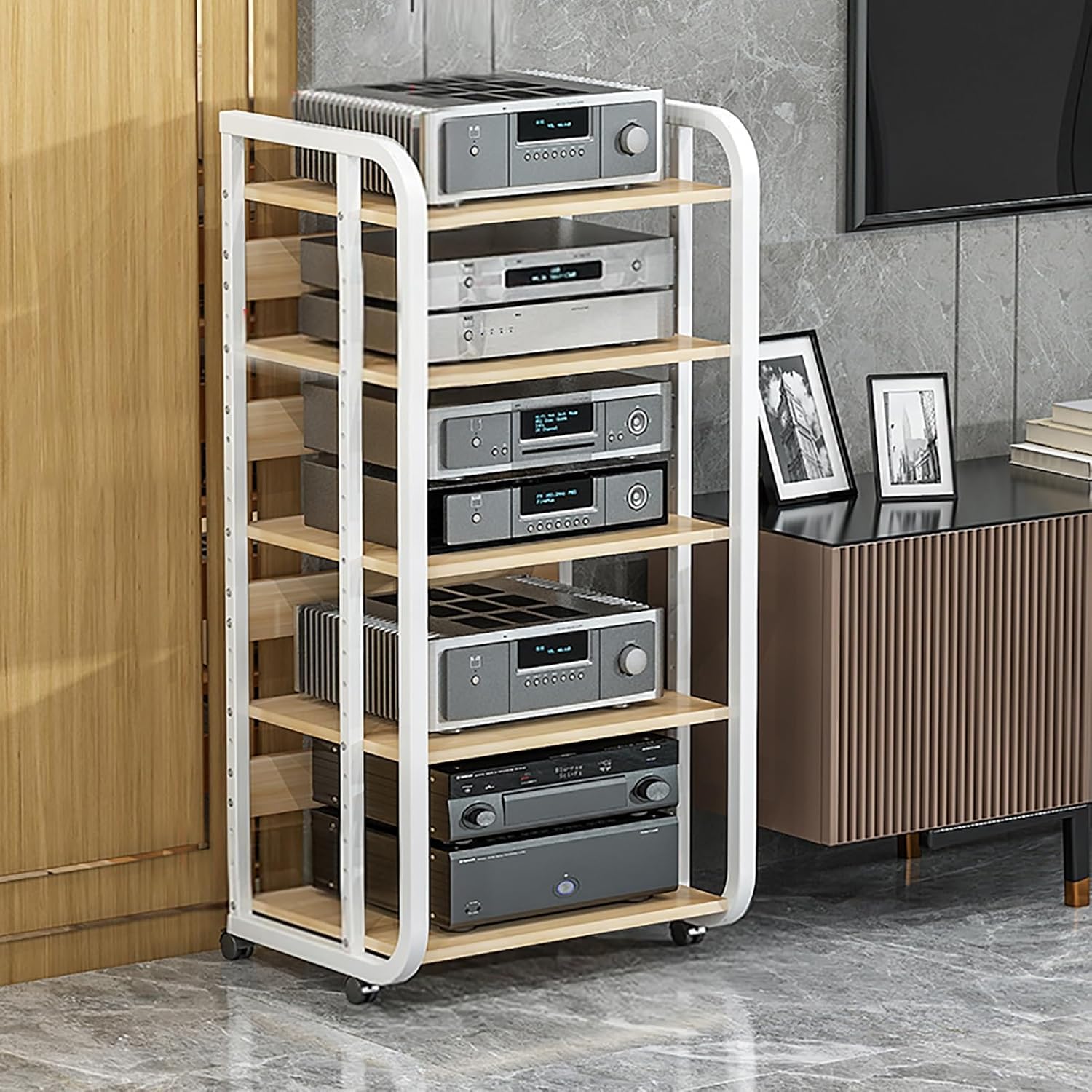 3/4/5-Tier Audio Video Media Stand Cabinet, Stereo Component Storage Cabinet, with Height Adjustable Wooden Shelf for Living, Gaming Etc (Color : A, Size : 5-Tier)