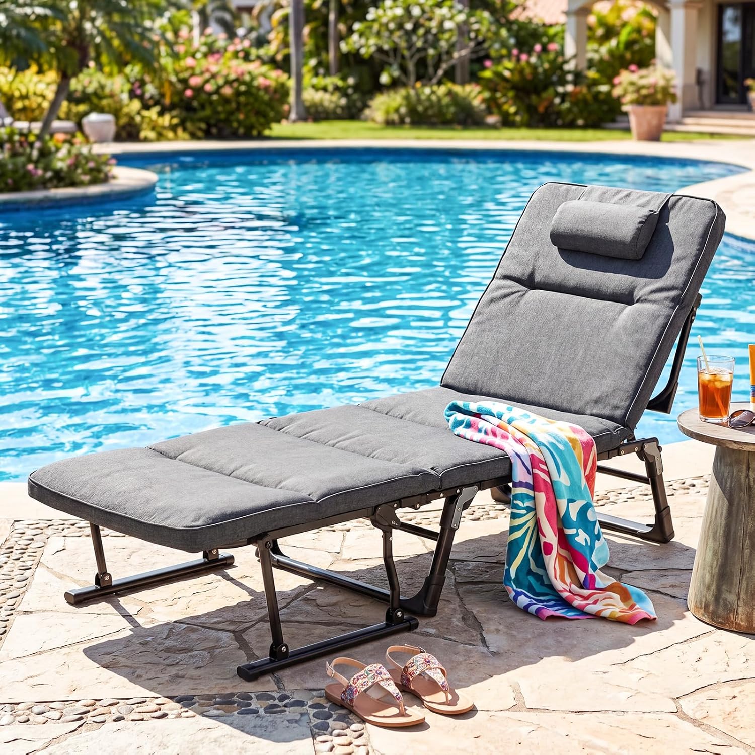Giantex Folding Patio Lounge Chair with 6-Level Adjustable Backrest, Outdoor Foldable Bed with Detachable Cushion and Armrest, Head Pillow, Portable Camping Cot for Yard, Bench, Office, Home (1)