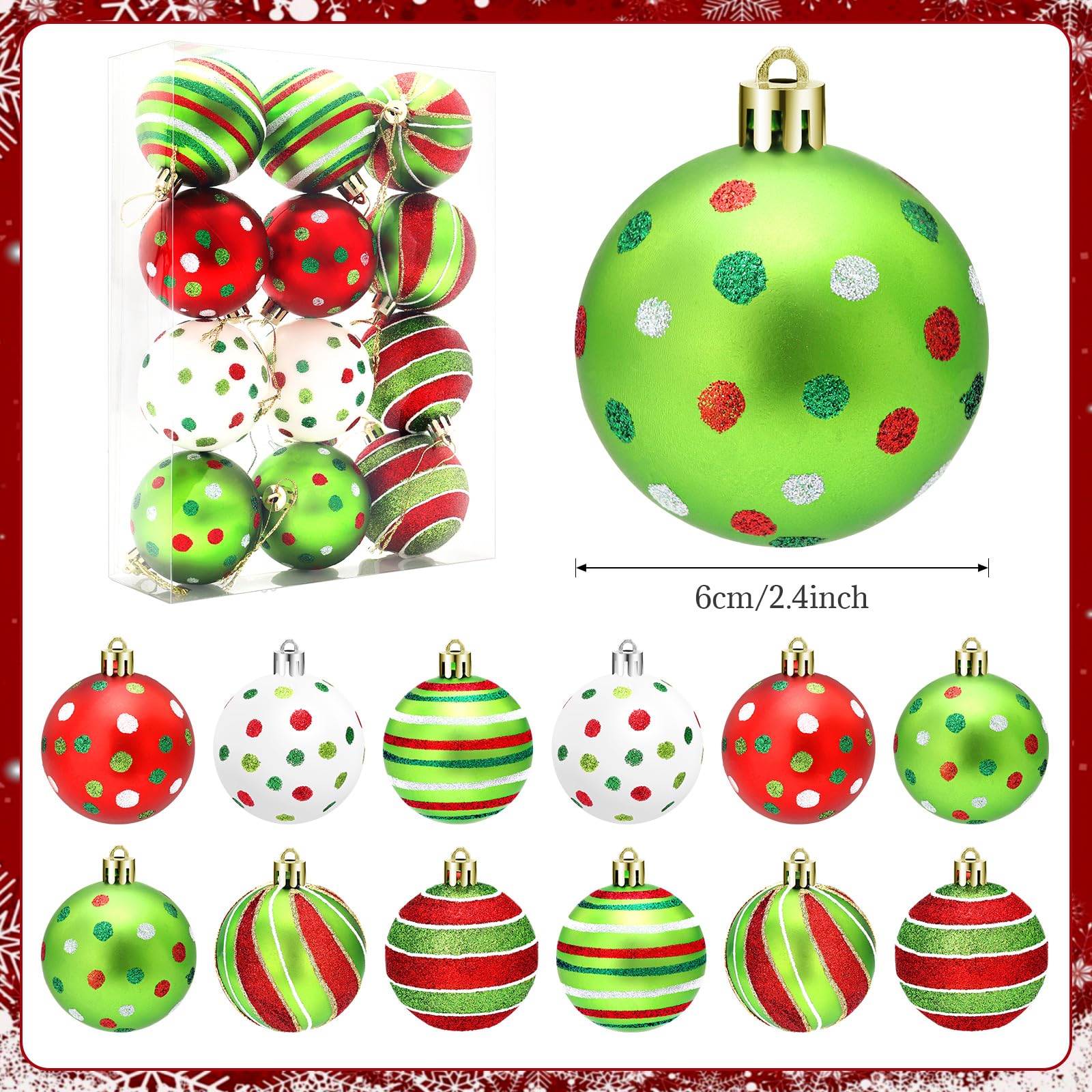 Juego de 12 adornos de bolas de Navidad brillantes para decoración de árbol de Navidad, bolas de Navidad inastillables para decoración del hogar, fiestas, regalos de manualidades, 2.4 pulgadas