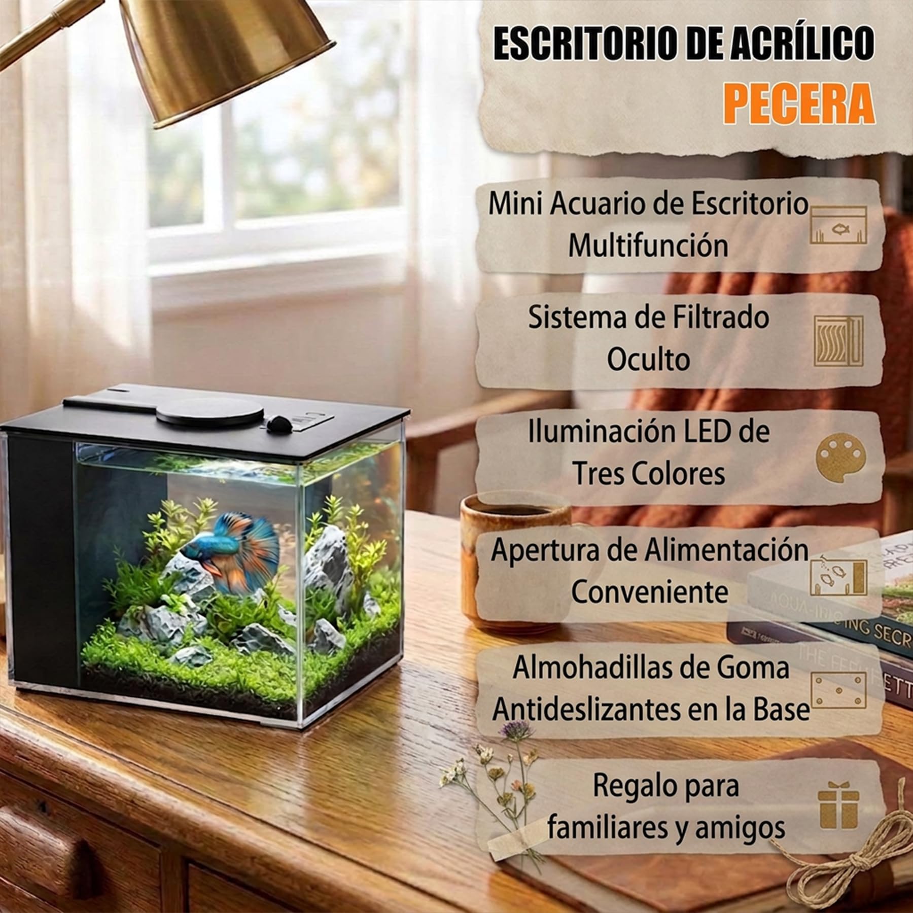 Vehipa 3,7L Acuarios pez Beta Completas, Pequeña Acuario de Acrílico con Bomba de Filtro de Agua y Luz LED, Ideal para Peces Pequeños, Gambas y Plantas (Negro)