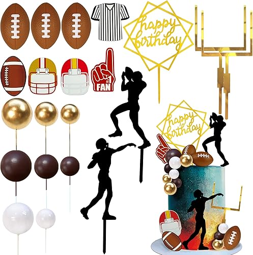 Juego de 21 decoraciones de pastel de fútbol de 21 piezas, incluye acrílico de feliz cumpleaños, jugadores de pelota de rugby, decoración de