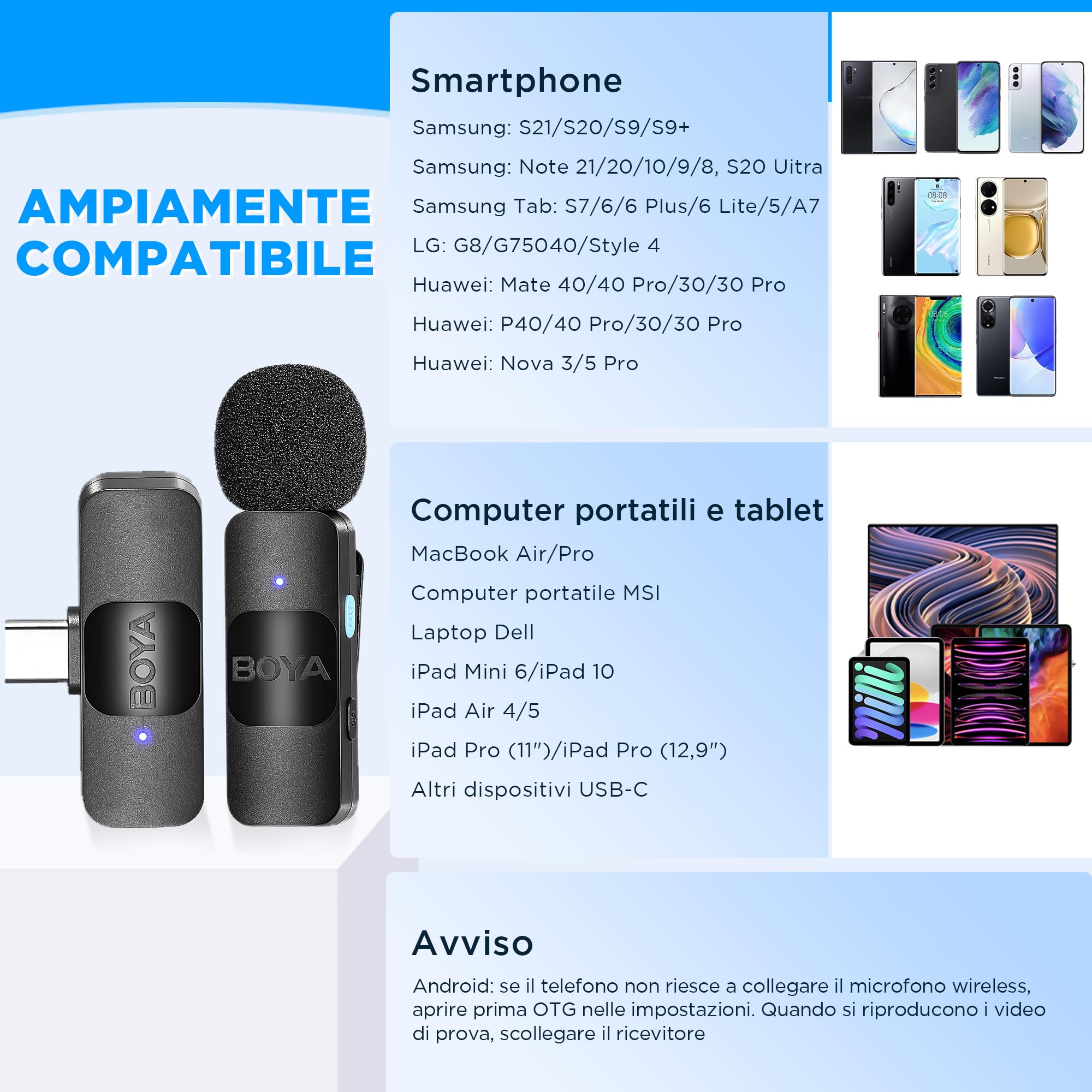 BOYA BY-V10 Microfono Lavalier Wireless USB-C, Mini Microfono Lpel per Smartphone iPhone 15/Android/Microfono Vlog Tipo-C per Youtube Podcast Facebook Vlogging Registrazione Video