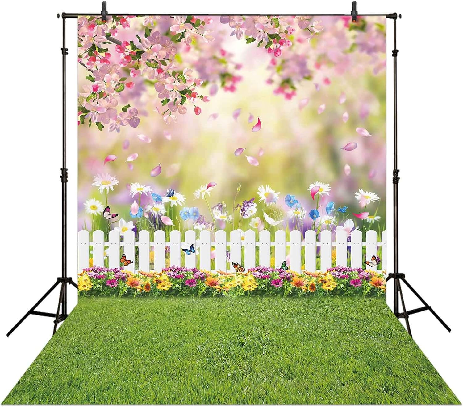 Allenjoy 6x8フィート 春 イースターガーデン 写真撮影用ファブリック 背景 グリーン 芝生 ピンク フローラル バタフライ フェンス ベビー 女の子 子供 ポートレート パーティー デコレーション フォトブース スタジオ小道具 Web限定
