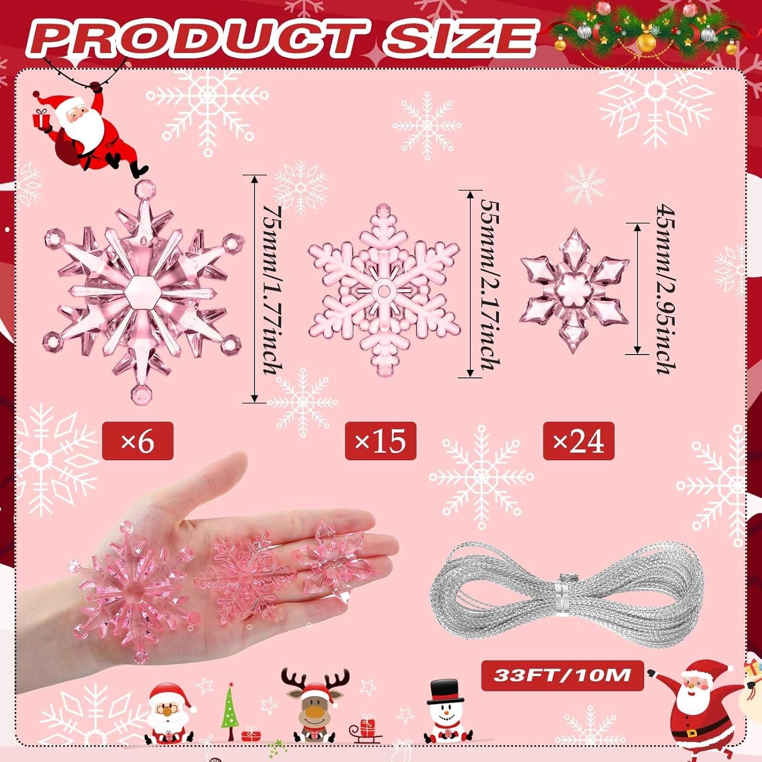 45 Pieces Acrylic Snowflake Ornaments 3 Styles Crystal Clear Plastic Xmas Tree Pendant for Christmas Winter Snow Theme DIY Decorations (Pink)