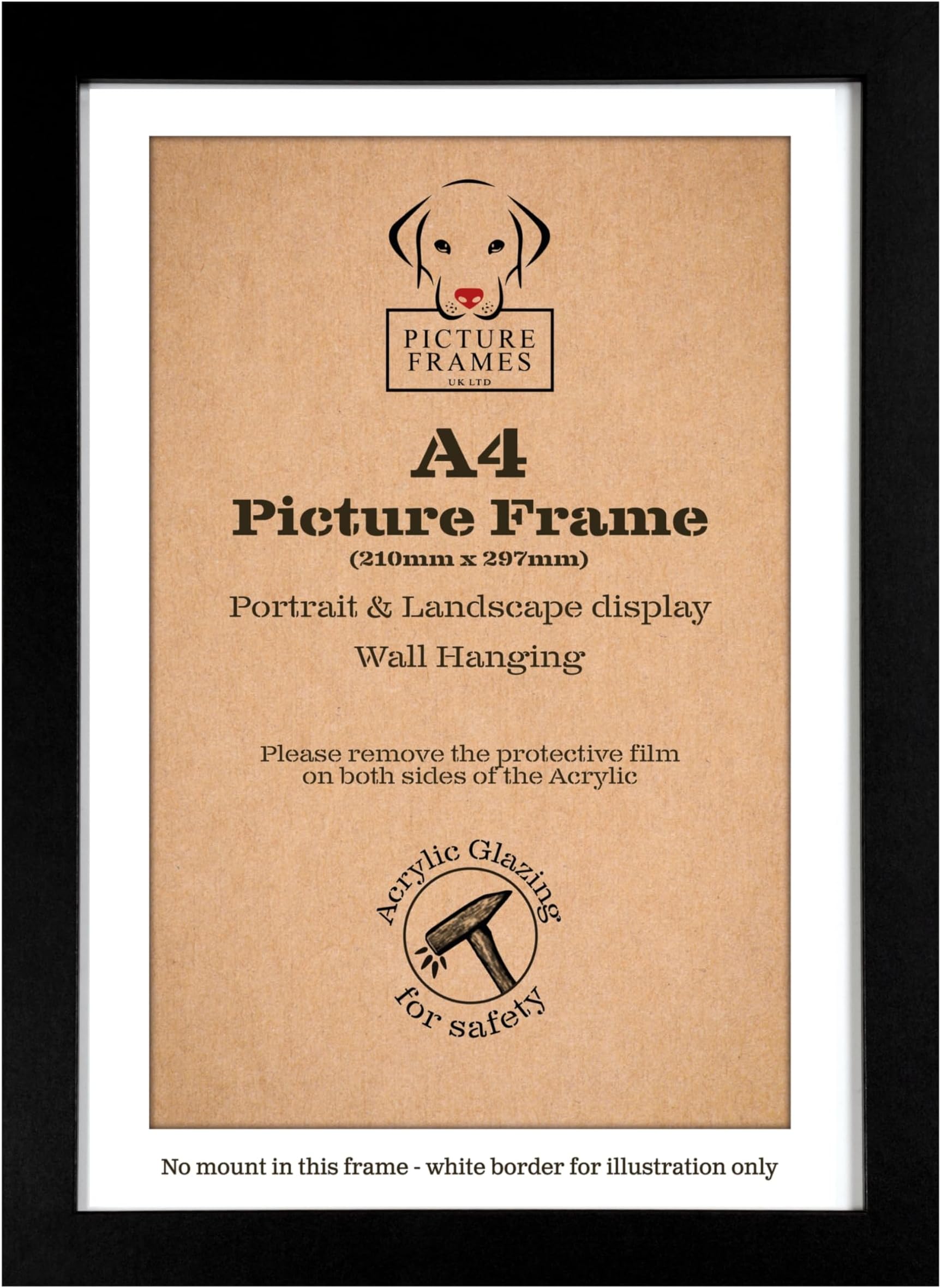 A4 Black Picture Frame, MDF Photo Frame, Versatile Black Frame with Safe Perspex Front & Wall Hanging Hooks - For Display, Landscape or Portrait Orientation, Wall-Mount & Desk Stand