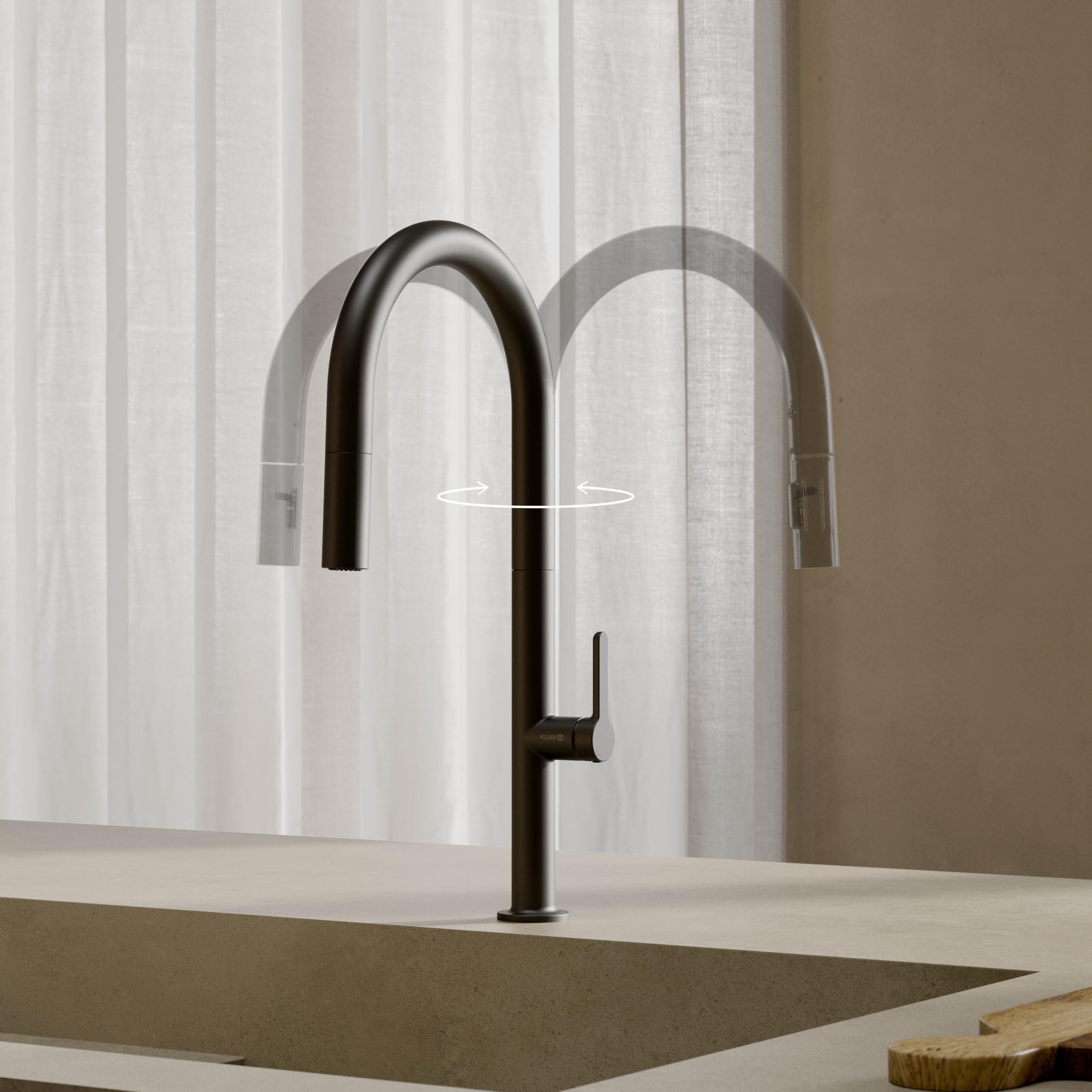 KLUDI Rubinetto cucina Aurea (nero opaco) - Girevole a 360 gradi Miscelatore monocomando per lavello con tubo estraibile e doccetta con pulsante di commutazione, 2 modalità, rubinetto cucina