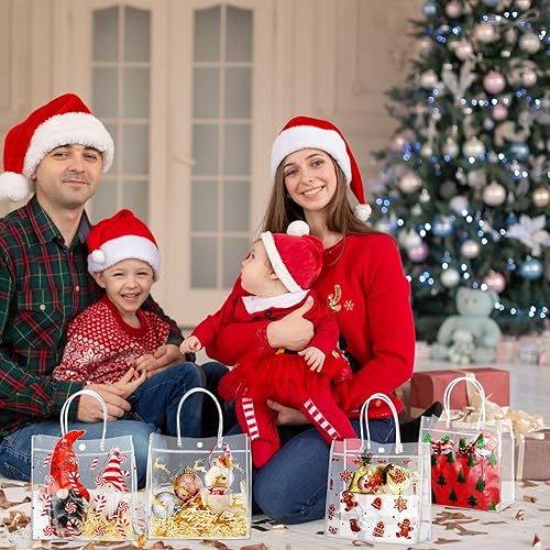Miniatura 7 de Zhanmai 24 bolsas de regalo de plástico transparente de Navidad con asa, bolsas reutilizables para envolver regalo, árbol de Navidad, pan de