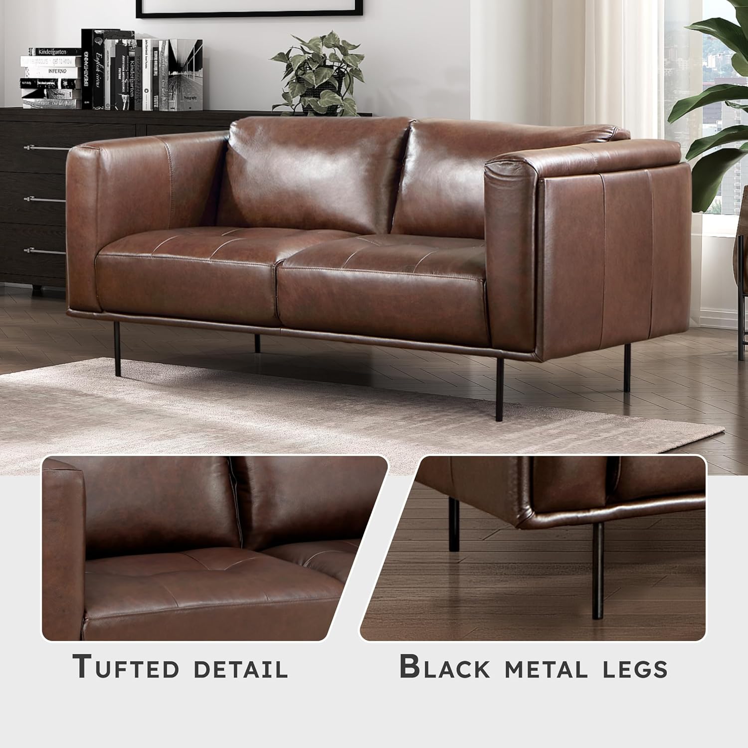 Lexicon Leather Loveseat Sofa, Top Grain Leather Sofa, Modern Couch, Oversized Sofa with Solid Wood Frame and Metal Legs, Couch Leather Sofas for Living Room, Bedroom, Office, 2-Seater Loveseat, Brown