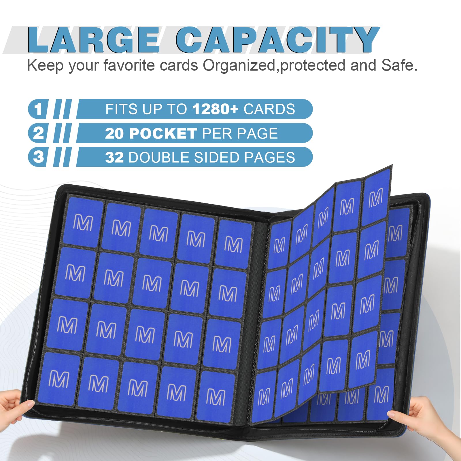 Raccoglitore per carte da collezione a 20 tasche, contiene oltre 1280 carte, album di carte collezionabili con cerniera, caricamento laterale, compatibile con TCG, carte da gioco e sportive (20 blu