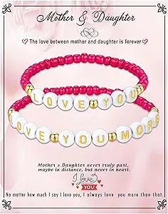 First Day of School Gifts Matching Bracelets for Women Girls Mother and Daughter Beaded Bracelet Multicolor Bead Stretch Back to School Gift I Love You Engraved Christmas Birthday Jewelry