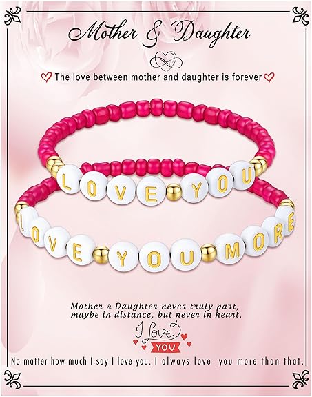 First Day of School Gifts Matching Bracelets for Women Girls Mother and Daughter Beaded Bracelet Multicolor Bead Stretch Back to School Gift I Love You Engraved Christmas Birthday Jewelry