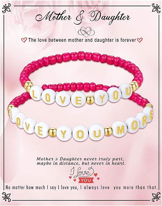 First Day of School Gifts Matching Bracelets for Women Girls Mother and Daughter Beaded Bracelet Multicolor Bead Stretch Back to School Gift I Love You Engraved Christmas Birthday Jewelry