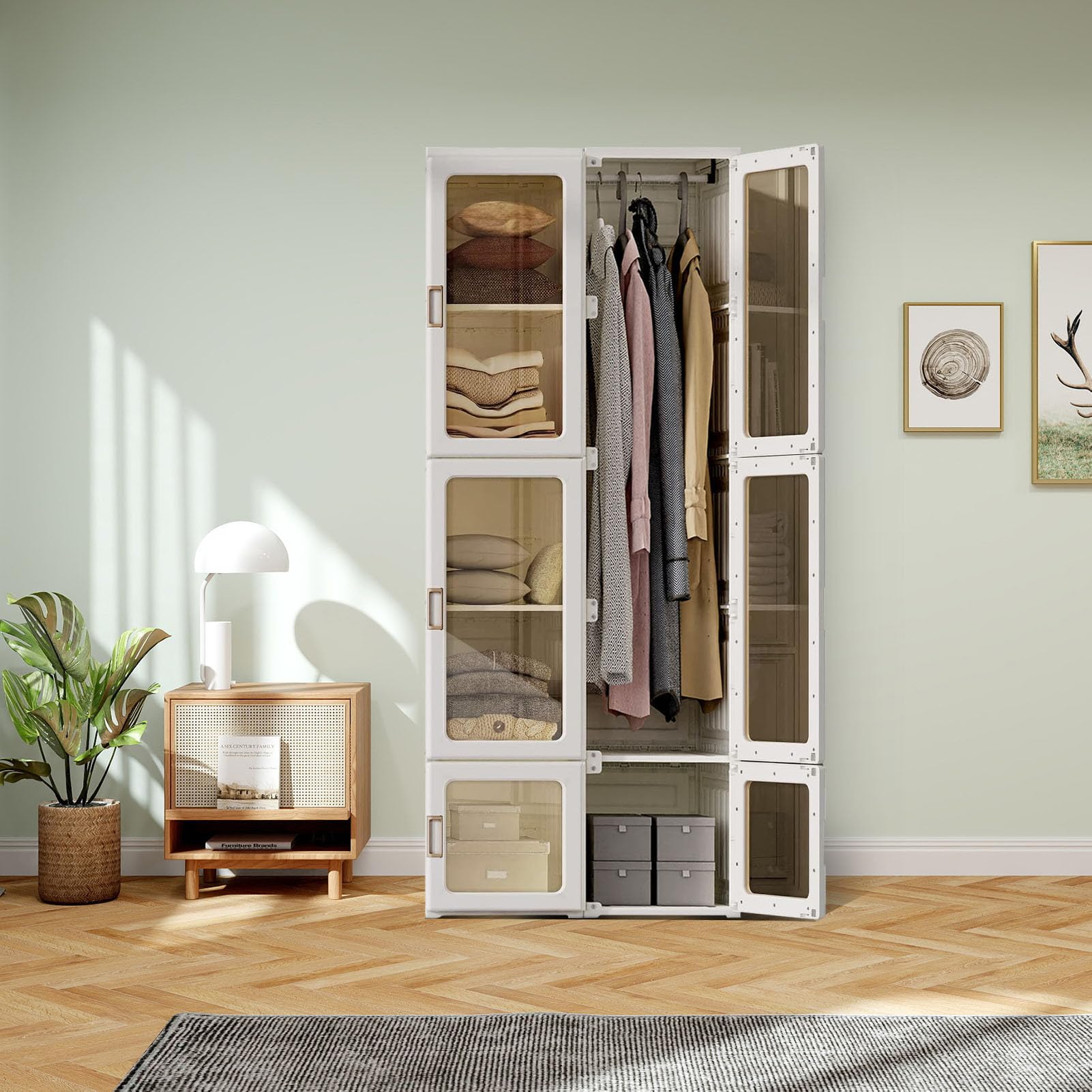 Generisch Kleiderschrank Faltschrank, Tragbarer Schlafzimmerschrank, 170x69x50 cm, Faltbarer Mehrzweckschrank mit magnetischen transparenten Türen, 1 Aufhängestange, für Wohnzimmer Schlafzimmer, weiß