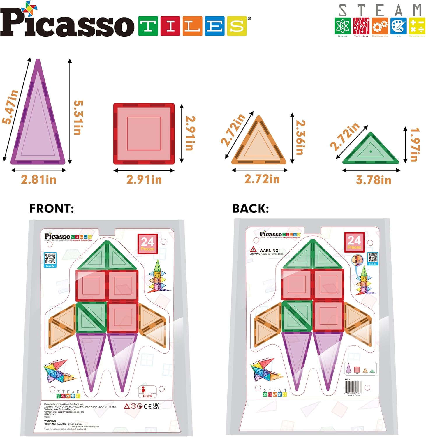 PicassoTiles Magnet Building Tiles+Square Triangle Tiles Toy Kit, Building Blocks Construction Toy Block Stack, mstem Toy Set Magnets Construction add-on Square Triangle kit