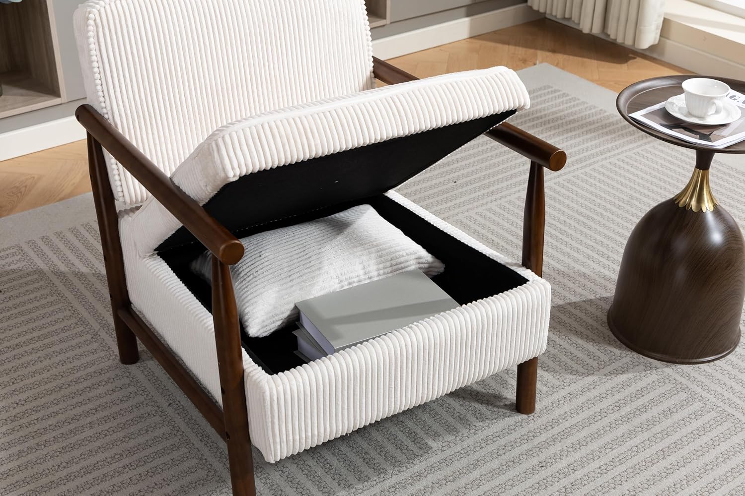 Ball & Cast Modern Accent Chair with Wood Frame, Mid Century Upholstered Living Room Chair with Hidden Storage&Waist Cushion, Reading Armchair for Bedroom Sunroom Small Space,White