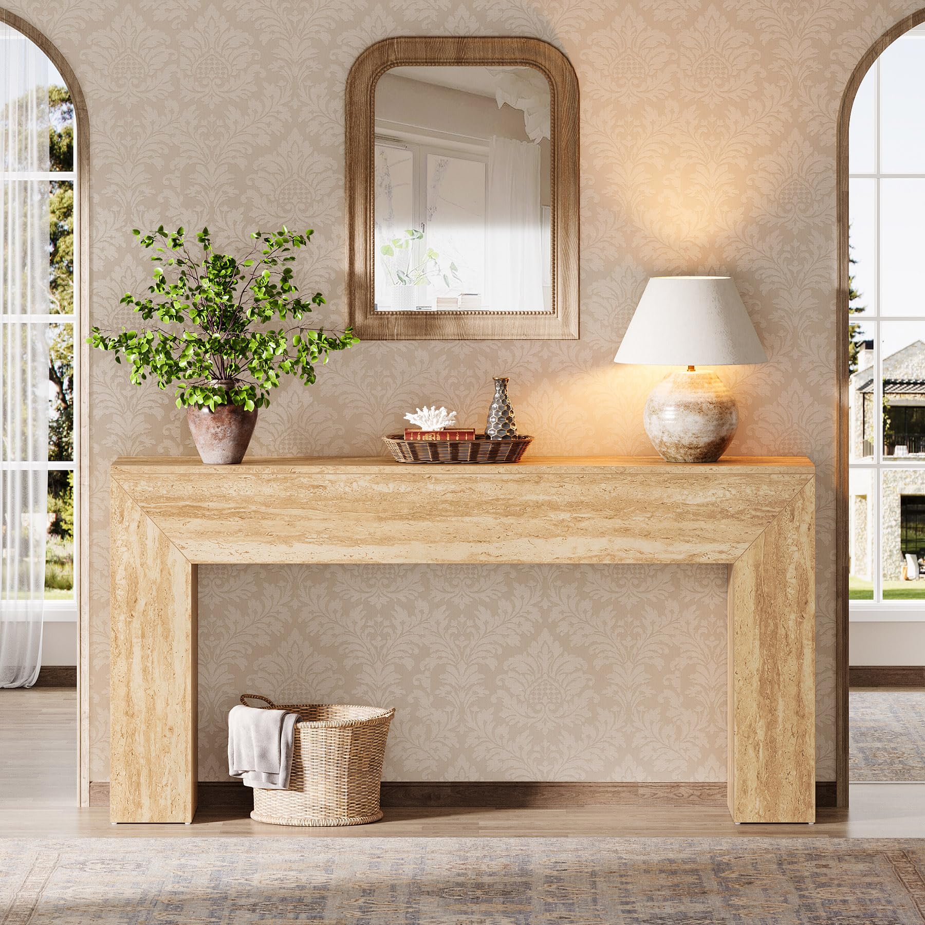 Tribesigns Table d'entrée de 160 cm, console de canapé longue étroite avec finition en travertin synthétique et pieds robustes, table d'accentuation rectangulaire en bois derrière le canapé pour salon