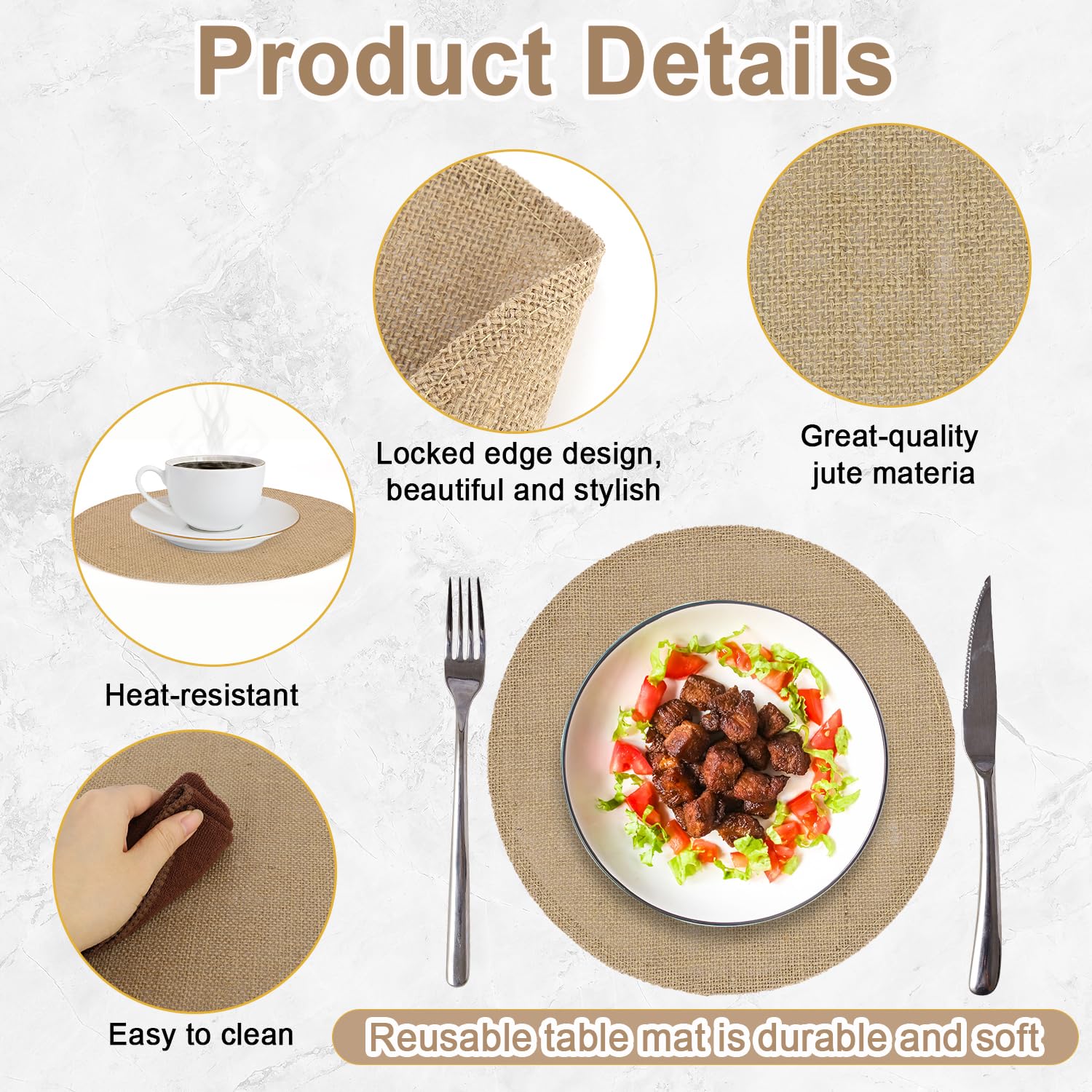 50uds Mantelitos Individuales Redondos Arpillera, 30cm Mantelitos Reutilizables Yute Marrón Resistentes Calor Decoración Rústica para Bodas Fiestas Cenas Estilo Granja