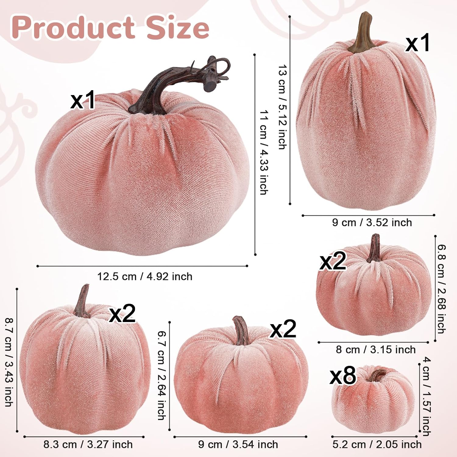 16 Pcs Light Pink Velvet Pumpkins Halloween Assorted Faux Velvet Pumpkins Set Handmade Artificial Foam Pumpkin Decor Fall Harvest Thanksgiving Home Party Table Centerpiece Decoration