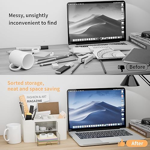 Miniatura 4 de Organizador de escritorio con 2 cajones, soporte multifuncional para lápices, organizadores de escritorio de plástico y almacenamiento con 5