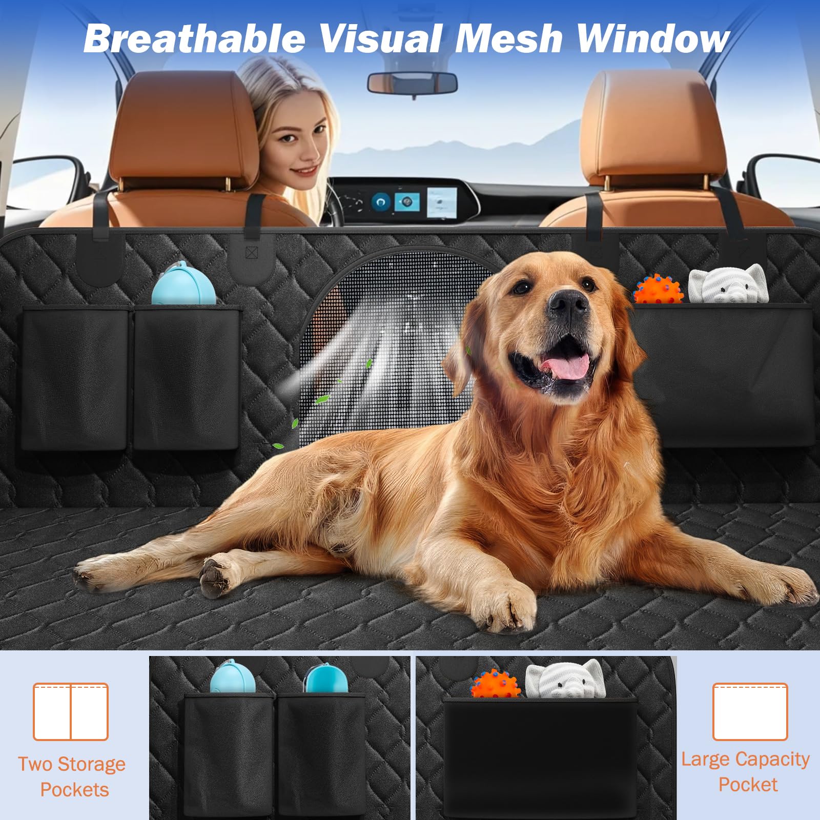 Hundeautositzbezug mit festem Boden, Schwarz | Rücksitzverlängerung mit wasserdichter Abdeckung, Netzfenster, Tasche, Hundehängematte für Auto, kleiner Transporter