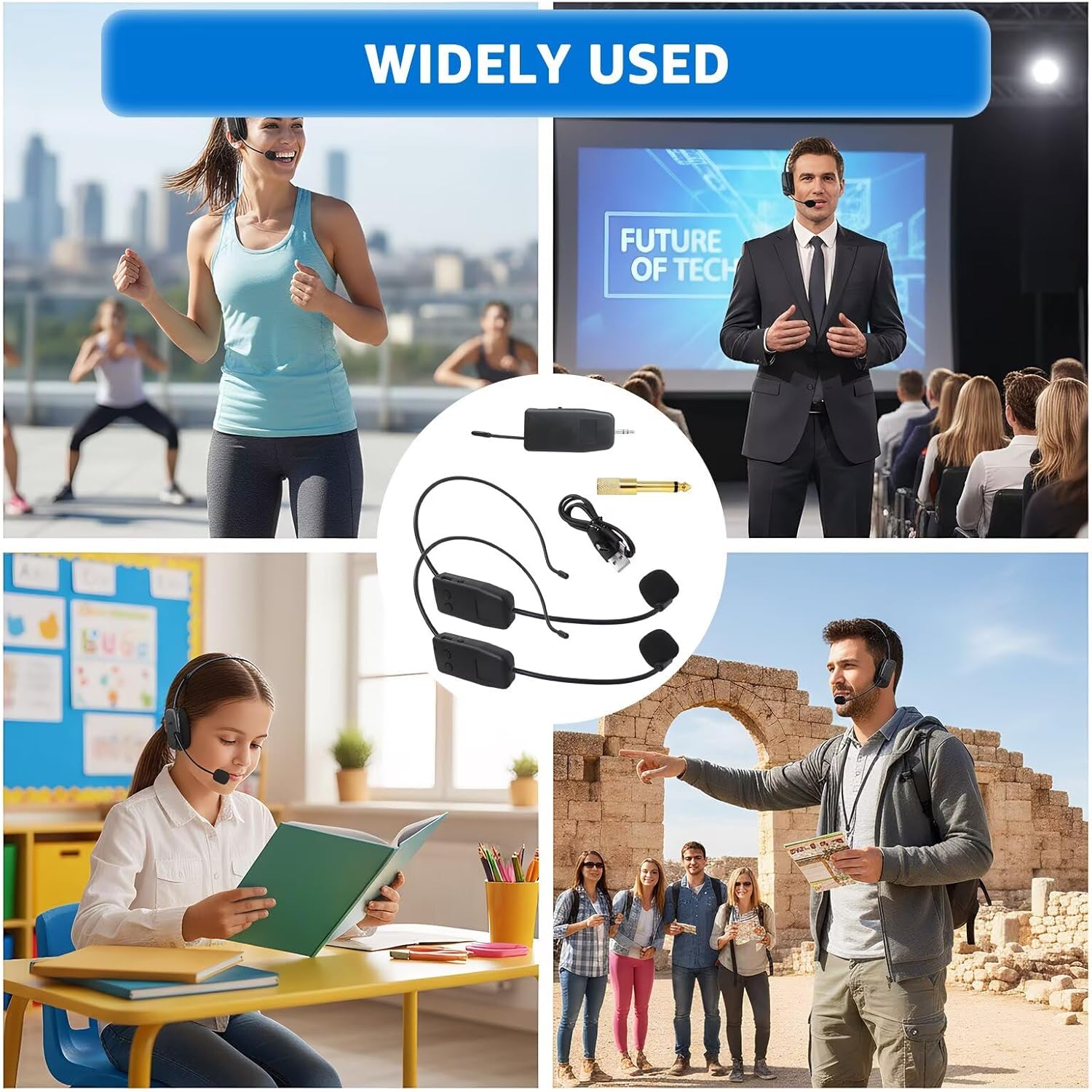 Wireless Microphone Headset Double Professional, Cordless Mic Head for Two People, Heads Handheld Mics 2 in 1 for PA System, Voice Amplifier,Teaching,Fitness