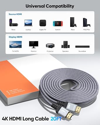 4K Extra Long HDMI Cables 25FT/7.5M, High Speed Slim HDMI 2.0 Cord [CL3 in-wall Certified] Braided Nylon (with Reusable Cable Tie*5) with 3D, HDR, ARC/eARC for Projector, TV, Monitor, Computer, PS5/4