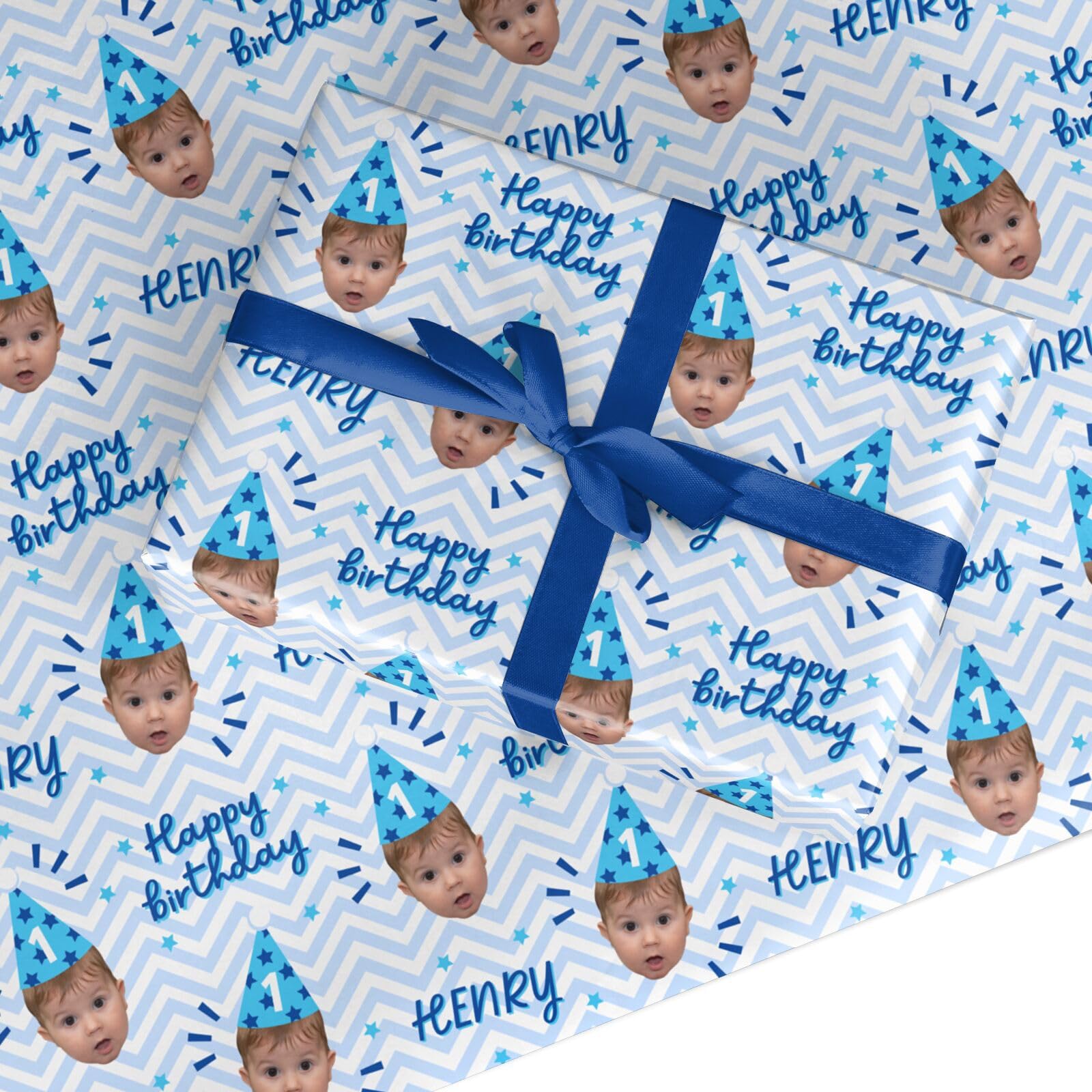 Personalised Happy Birthday Face Blue Wrapping Paper β Custom Photo Upload Gift Wrap for Boys & Men β Funny Novelty for Any Age β Eco Friendly & Recyclable - Large Roll (60cm x 3.6m)