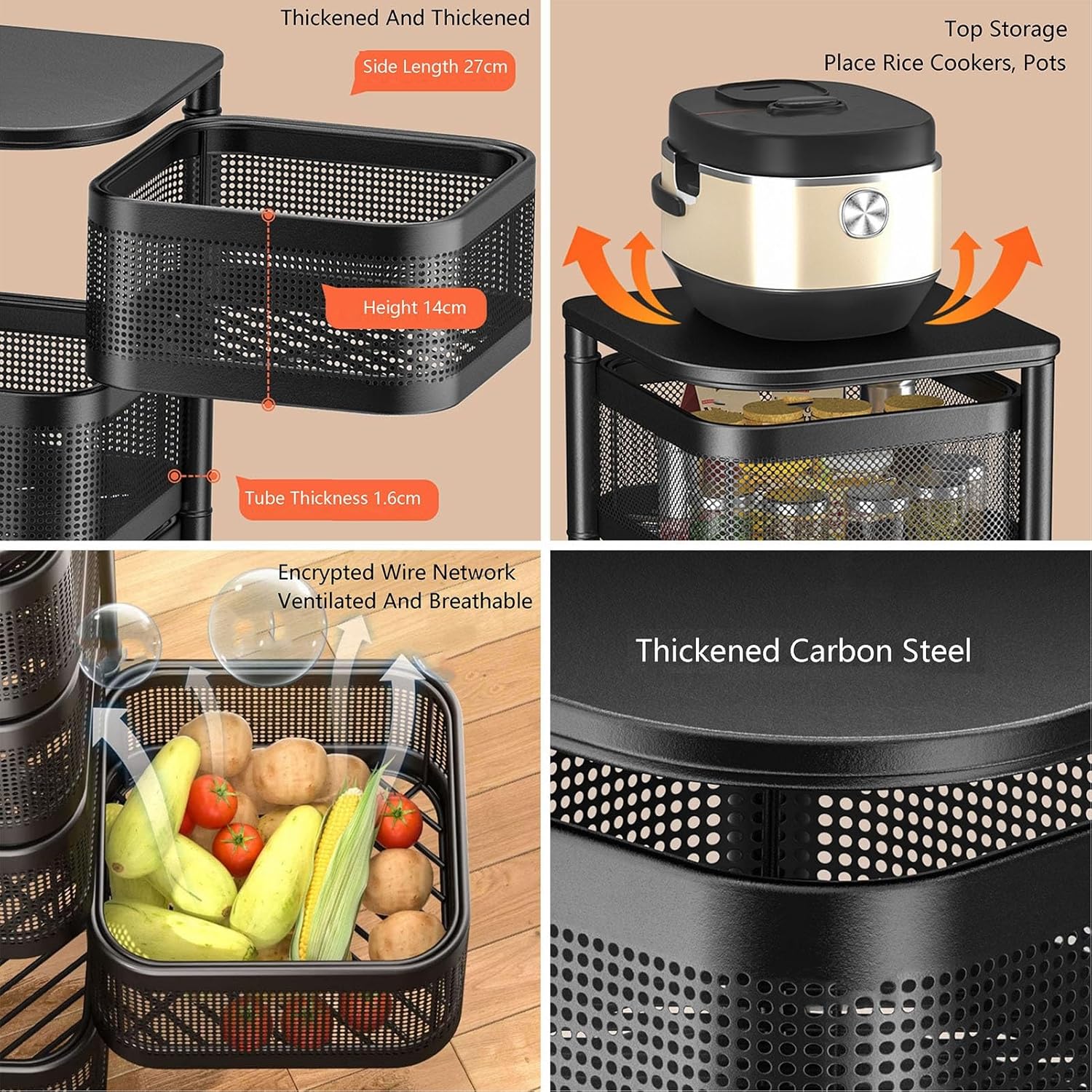 Square Rotating Fruit and Vegetable Shelf,Storage Rotating Basket,Bathroom Shelf with Wheels,Space-Saving,for Kitchen Bathroom Bedroom(Black,4 Tiers)