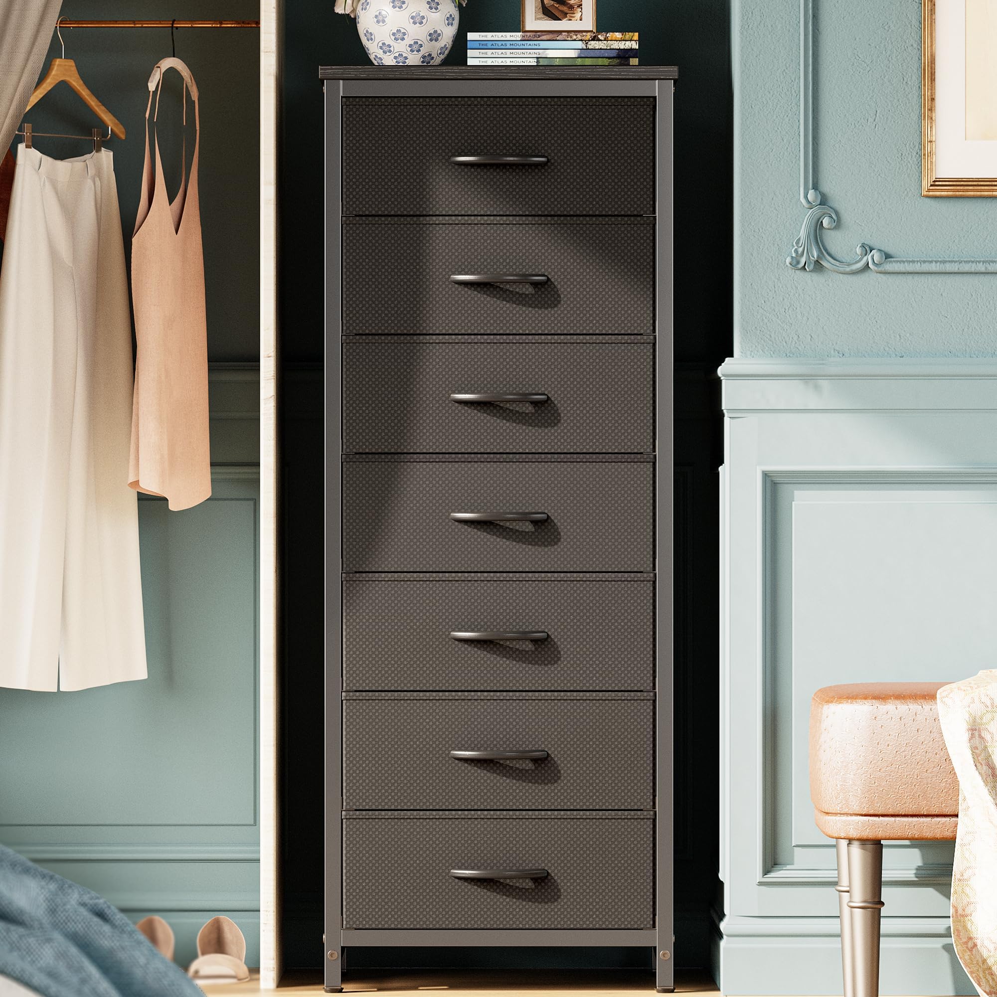 Huuger Tall Dresser for Bedroom, 7 Drawer Dresser & Chests of Drawers, Closet, Bedroom, Night Stand, End Table with Metal Frame, Storage Tower with Fabric Bins, Black