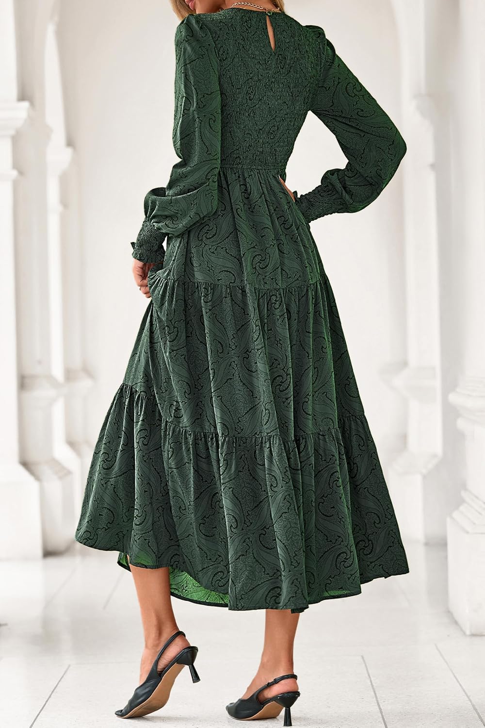 dowerme Maxi Dresses for Women 2026 Long Sleeve Floral Smocked A Line Polka Dot Flowy Boho Vacation Dress Spring Clothes - Image 5