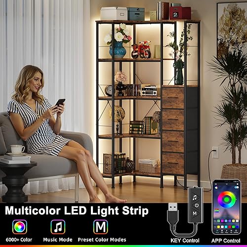 Miniatura 3 de Estantería esquinera con tiras de luz LED y 4 cajones de tela, estante esquinero convertible de 5 niveles con estante de exhibición, estantería