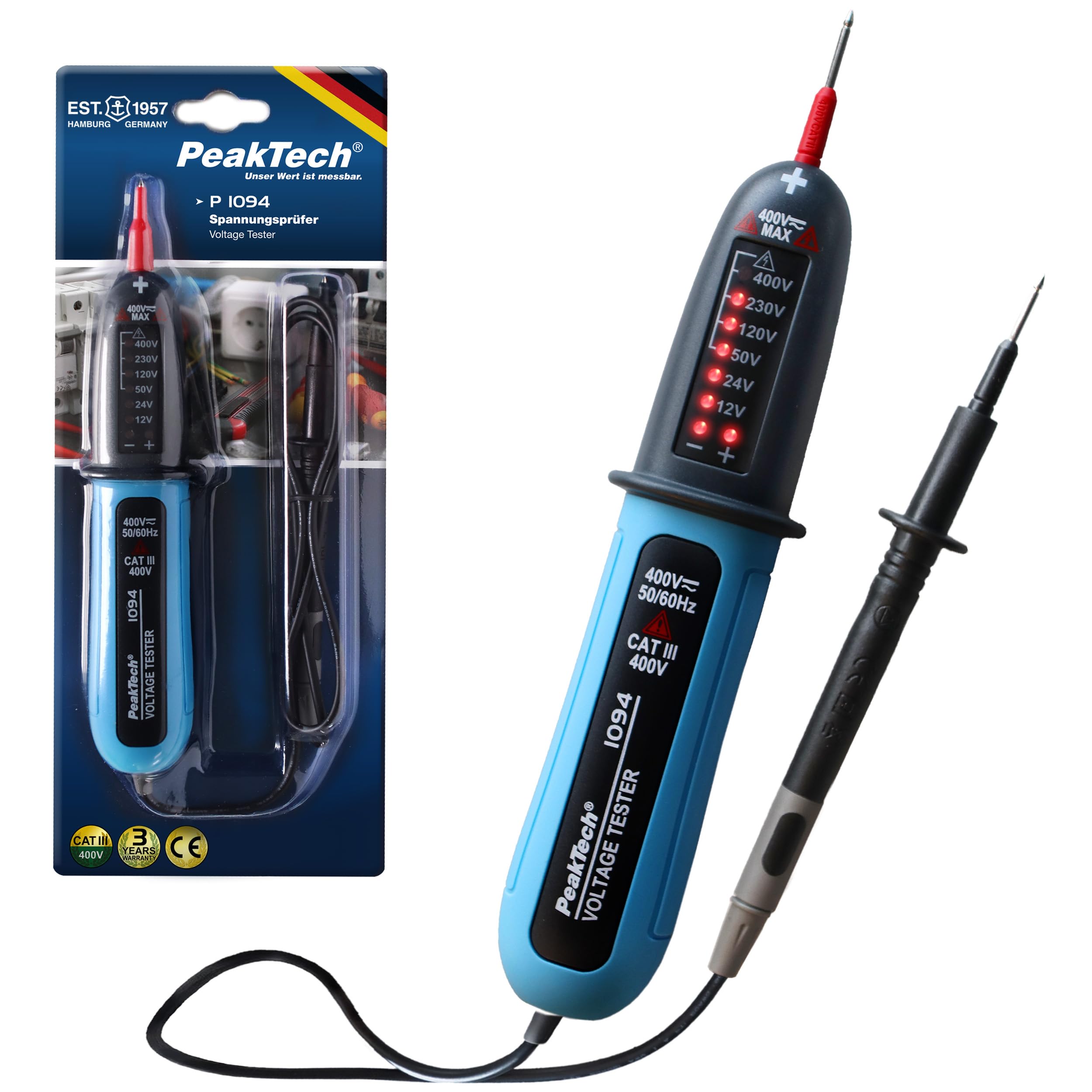 PeakTech, P1094, Comprobador de tensión digital bipolar CA/CC de 12 V a 400 V, Comprobador de corriente de calidad con pantalla LED y señal acústica de advertencia, Voltímetro con clase de protección