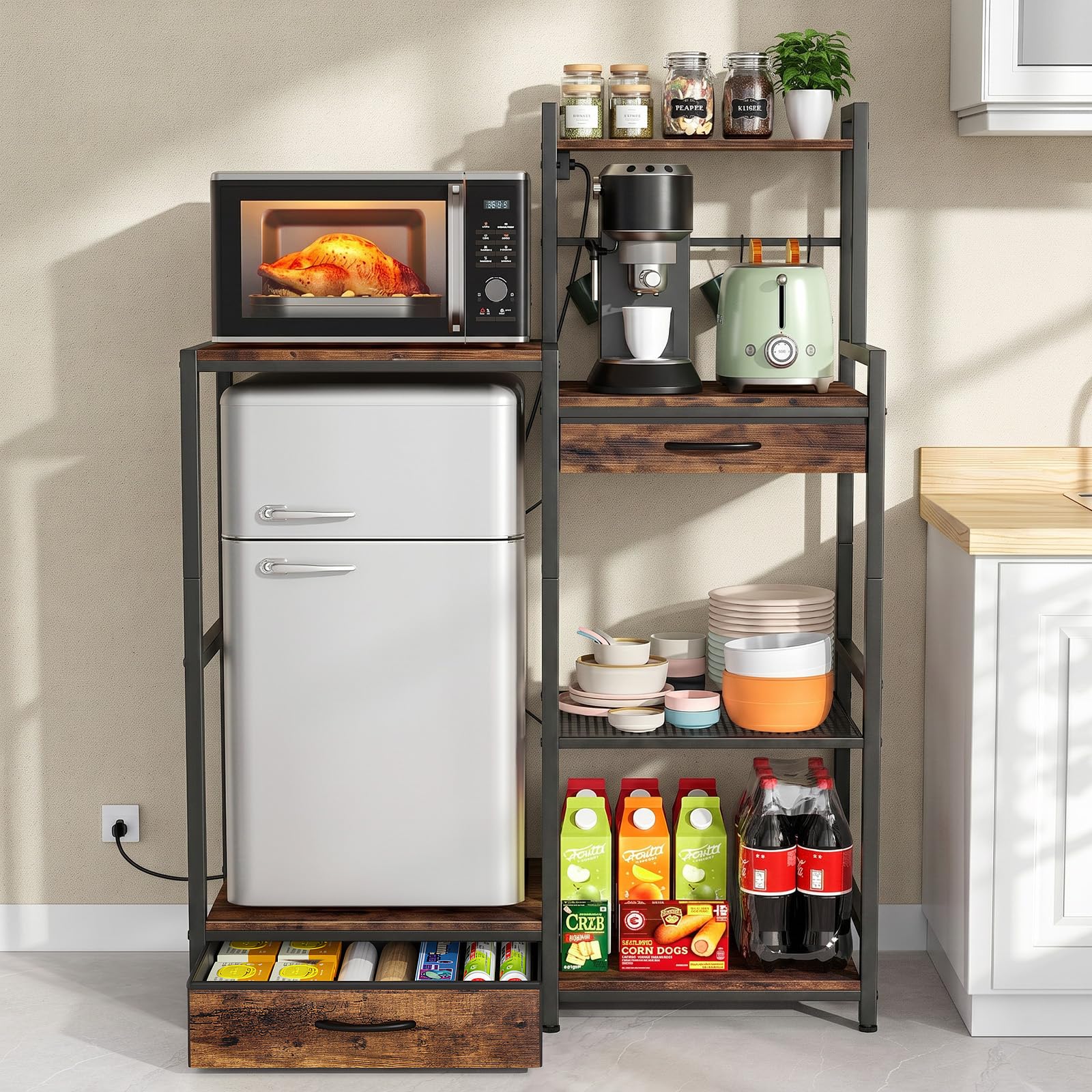 Housolution 6 Tier Mini Fridge Stand with Storage and Power Outlet