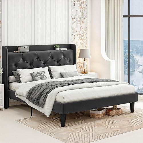 Base de cama matrimonial de terciopelo tapizada con cabecera de almacenamiento, base de cama con respaldo de alas, cama copetuda con soporte de