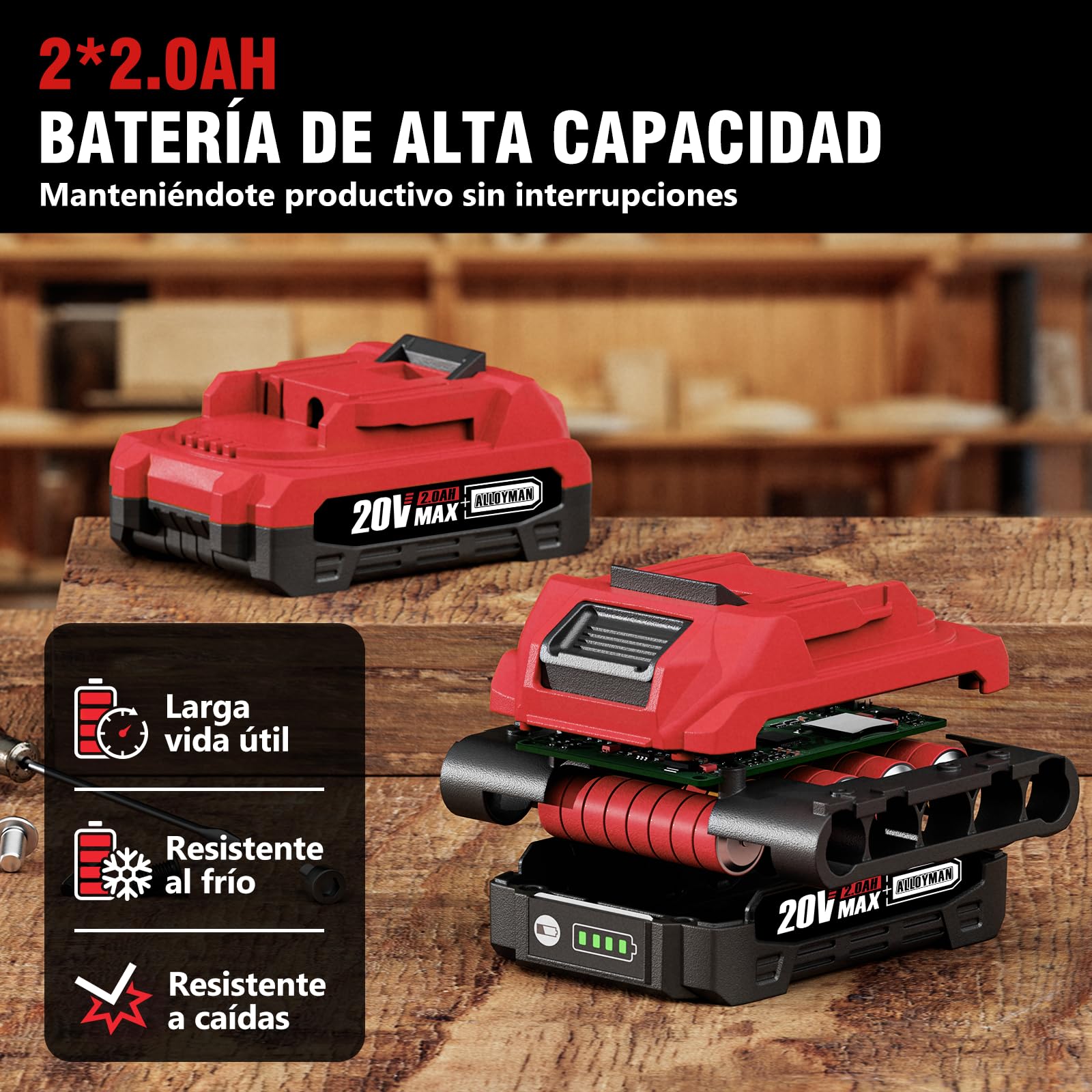 Taladro inalámbrico Alloyman 20V MAX, motor brushless, 1800 RPM, torque máximo 60 Nm, mandril metálico sin llave 3/8", 21+1 niveles de torque, para hormigón, metal y madera
