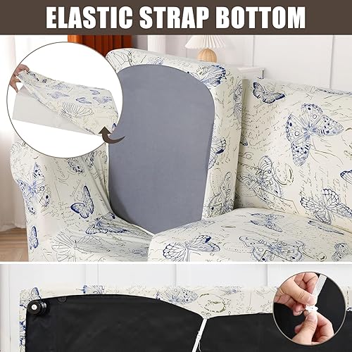 Miniatura 4 de SearchI - Funda de sofá elástica con estampado floral, 4 piezas, incluye 3 fundas de cojín independientes, protector lavable para muebles de sala de