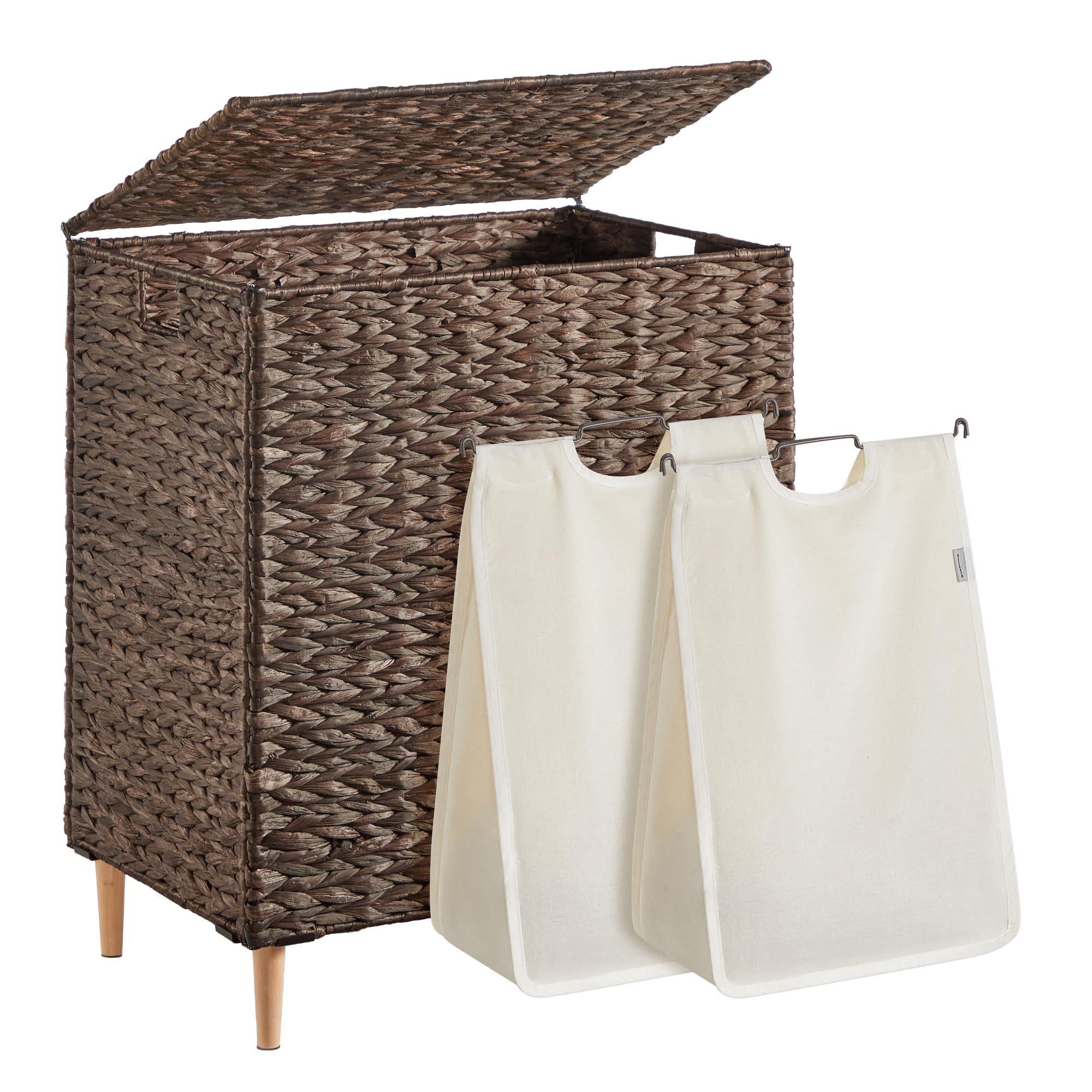 SONGMICS Laundry Hamper 2 Sections, 34.3 Gal. (130 L) Handwoven Water Hyacinth Wicker Laundry Basket with Lid, Natural Material, Removable Machine Washable Liners, Handles, Espresso ULCB202K01
