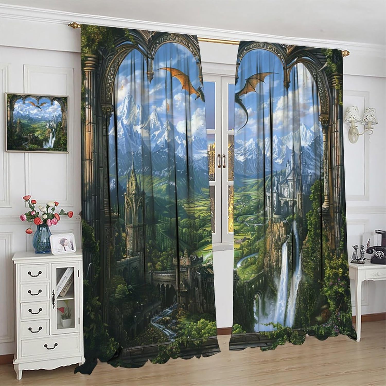 Vintage Castle Mountain Blackout Curtains for Bedroom Living Room, Rod Pocket Psychedelic Dragon Forest Field Curtains Thermal Insulated Window Drapes 2 Panels, Each 21W x 45L