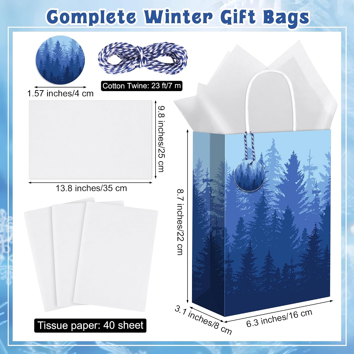 MIMIND 36 Pieces Christmas Snowflake Gift Bags Blue Winter Party Paper Bags with 40 Tissue, 36 Gift Tags and String Xmas Treat Bag with Handle for Christmas Winter Holiday Gift, 4 Design