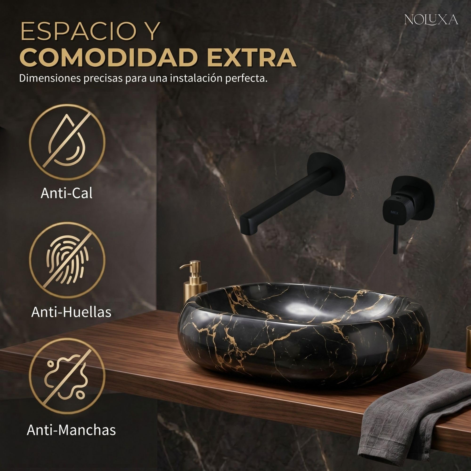 IMEX - Grifo Lavabo Empotrado Negro Mate | Grifo de Lavabo Monomando Pared Mezclador Agua Fría y Caliente | Grifería en Latón con Cartucho Cerámico Ø35mm | Serie Firenze