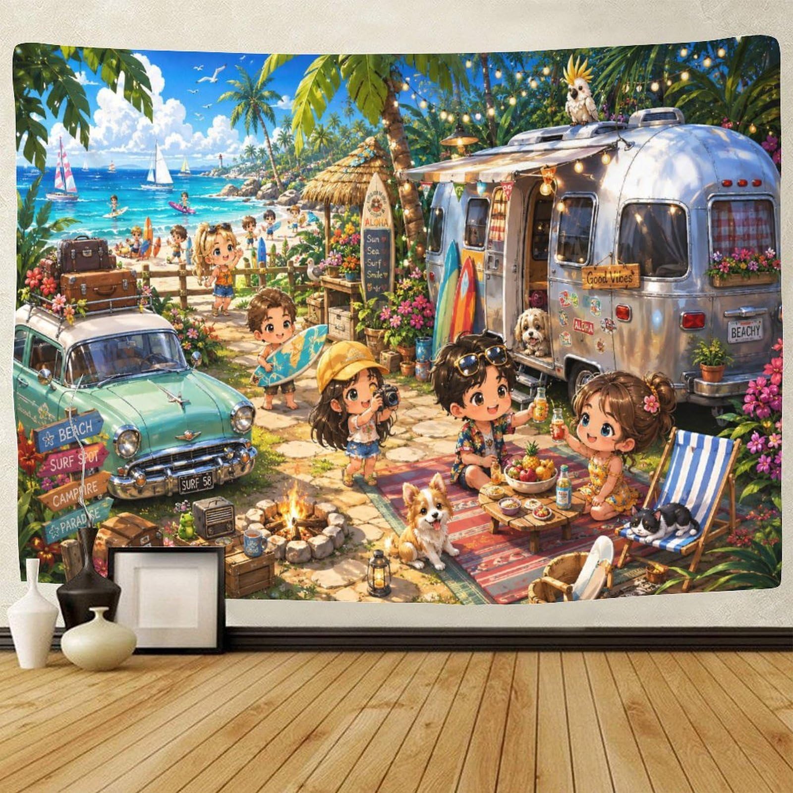 GPMNBCXZK Chibi Hawaii Beach Vacation Wall Hanging Decor 3D Print Tapestry Wall Art Decor Tapestries Poster Curtain Bedroom College Dorm 130cmx150cm