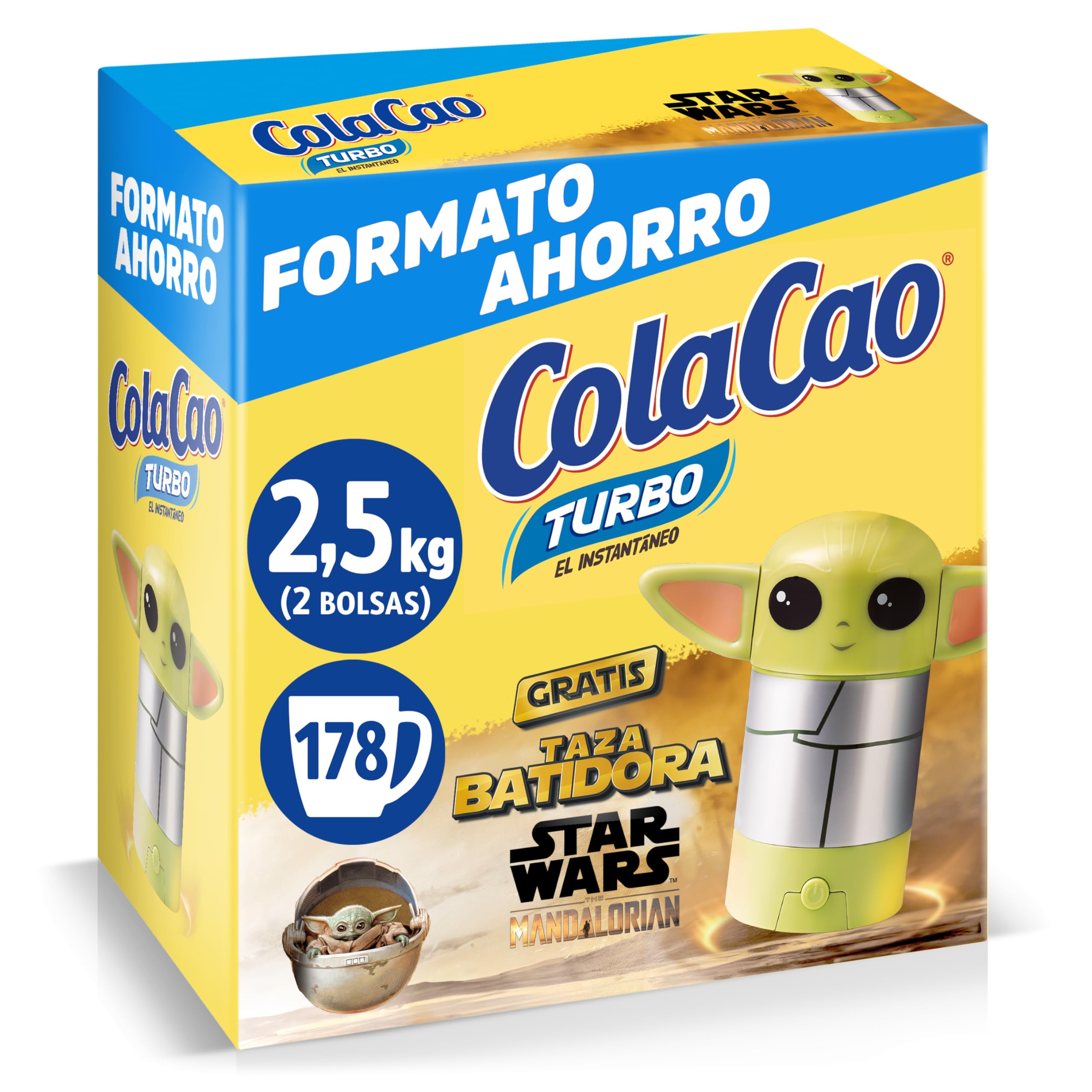 ColaCao, Turbo, Cacao Soluble Instantáneo Natural sin Aditivos - Formato Ahorro - 2,5kg (Taza Batidora Star Wars)