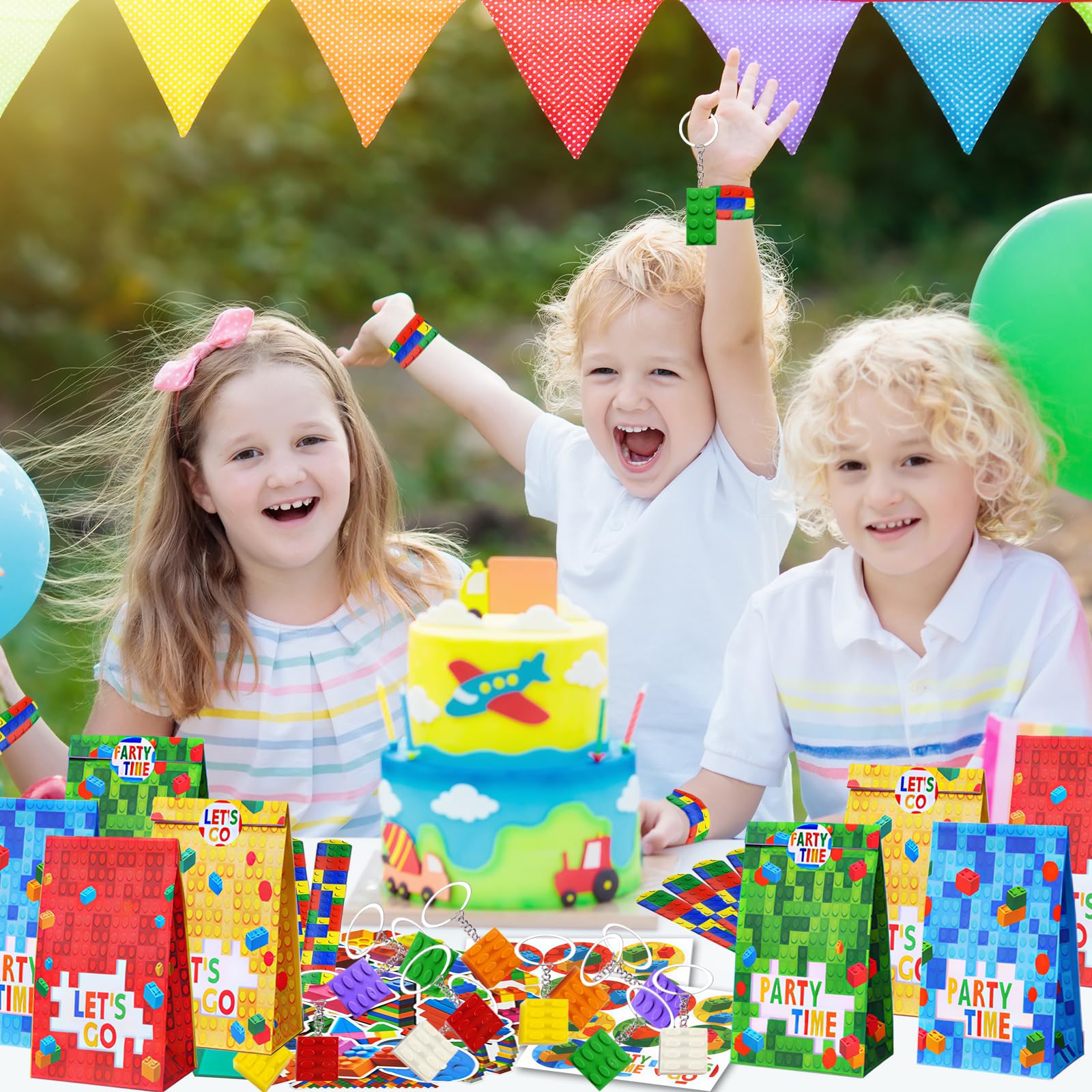 86 Pezzi Di Mattoncini da Costruzione,12 Braccialetti Slap Per Bambini, 12 Lego Portachiavi, 12 Sacchetti Regalo Per Compleanno-Per-Bambini,Addobbi Articoli Feste A Blocchi Costruzione,Per B-ambini