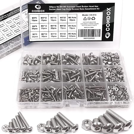 60 PCS M6 Stainless Steel Button Head Socket Screw Kit - Hex Key Bolts & Nuts Assortment