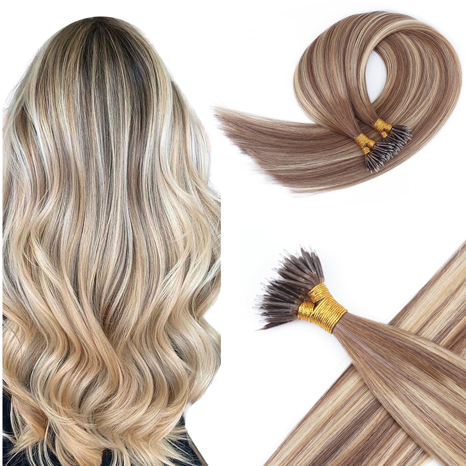 KOCONI 18 Inch Dark Blonde Balayage Nano Ring Hair Extensions Real Human Hair Nano Beads Remy Human Hair Extensions Human Hair Fading to Chocolate Brown and Blond 1g/S Nano Beads Hair 50g 8/22/8