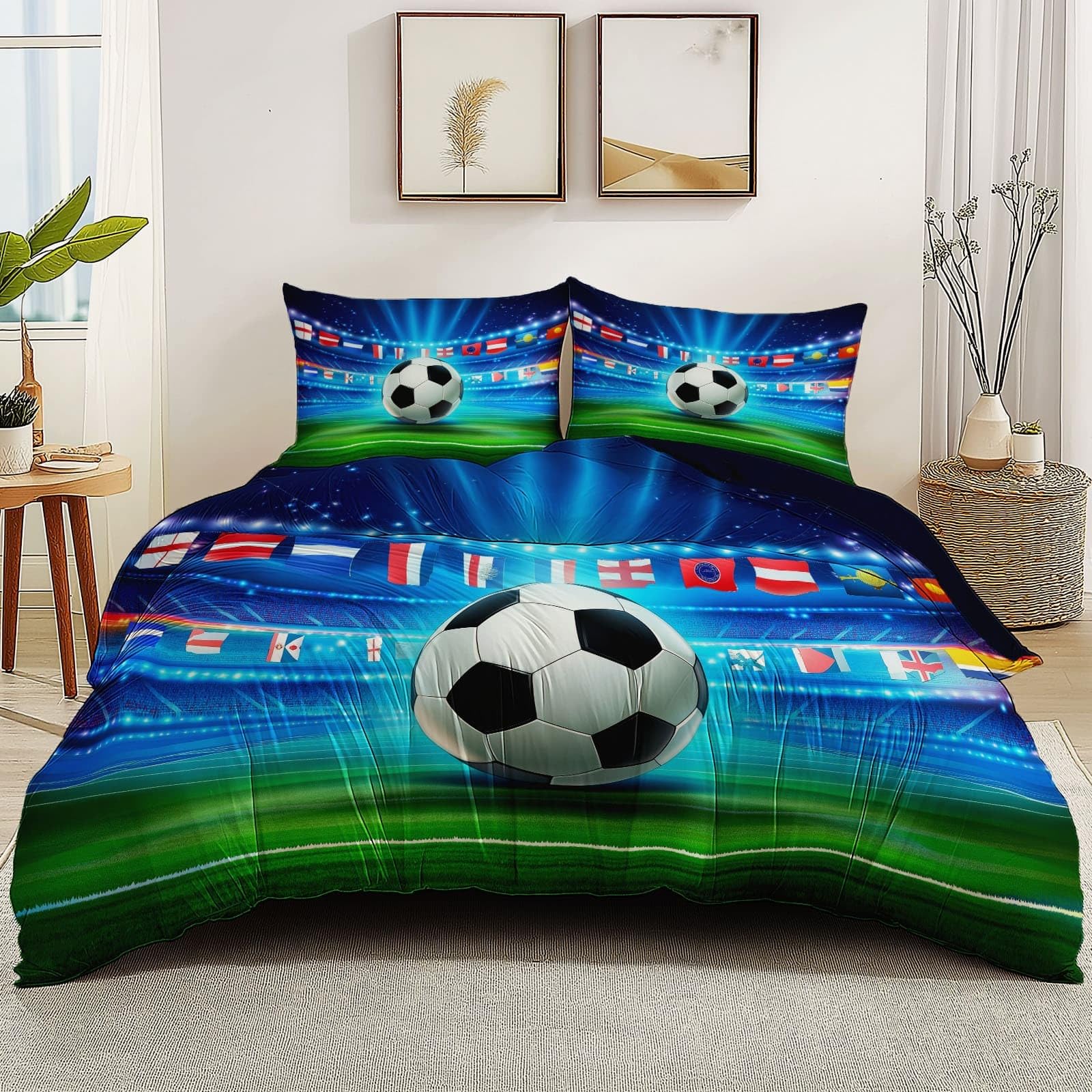 Générique Poszwy na kołdry 240 x 220 cm 3-częściowy zamek błyskawiczny Wygodny i oddychający wzór na arenie piłkarskiej z zamkiem błyskawicznym z mikrofibry 2 poszewki na poduszki 65 x 65 cm zielony