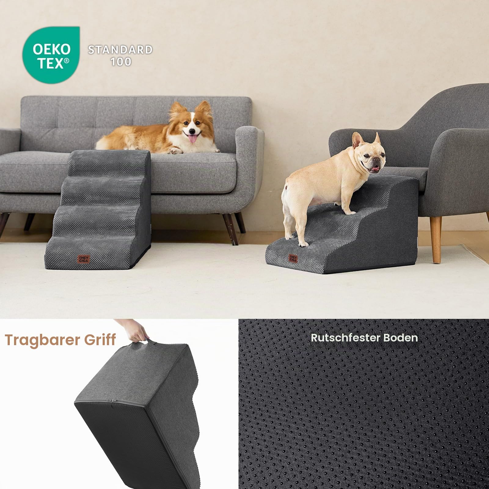 EHEYCIGA Hundetreppe für Kleine Hunde 40 cm Hoch, Haustiertreppe für Sofa Bett, Treppe für Hunde aus Hochdichtem Schwamm, Hunderampe mit Waschbarem Bezug und Rutschfestem Boden, 3 Stufen, Grau